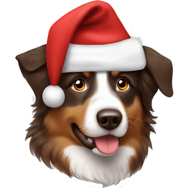 brown australian shepherd wearing santa hat emoji