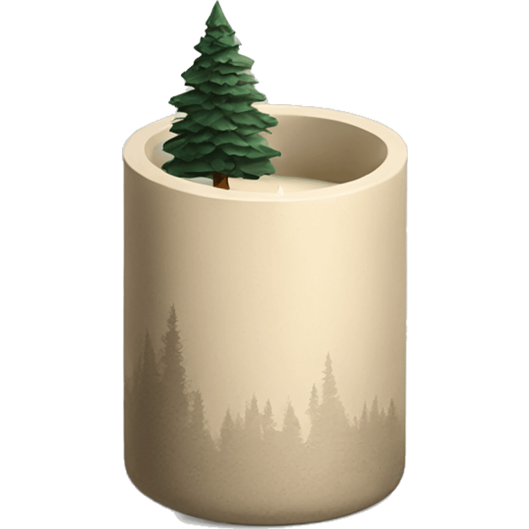 Candle in beige concrete vessel with painted pine trees emoji