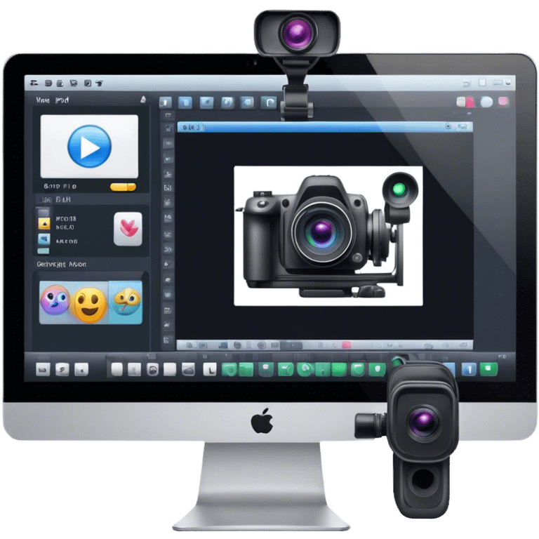 Create an emoji of video editing. Should feature a video editing timeline or interface on a computer screen, showing clips and a playhead. Include a video camera and editing tools. No smiley faces. Make the background transparent. emoji