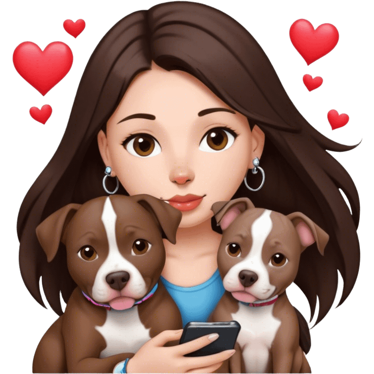 Young girl was long, dark brown hair sits with her dog who is a pretty girl pitbull with her cell phone in her hand in a small septum ring in her nose was hearts flying all around her emoji