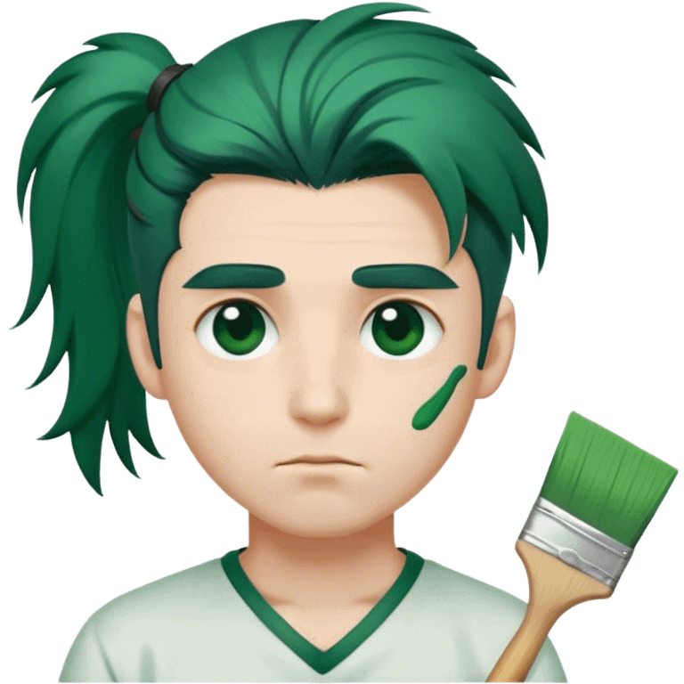  a male with sleepy eyes and dark green hair one side of his eyes is covered by his hair he has a pony tail whitish skin holding a paint brush that massive  emoji