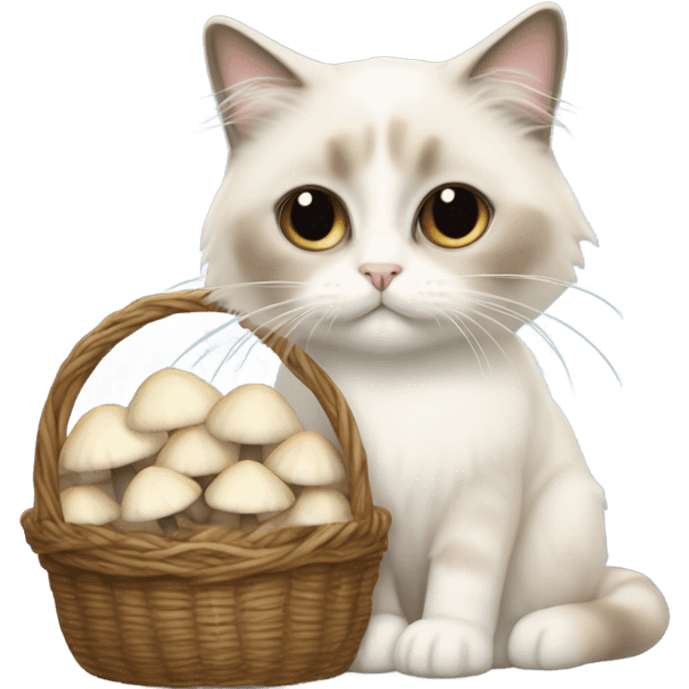 Beige Ragdoll cat holds a basket of white mushrooms  emoji