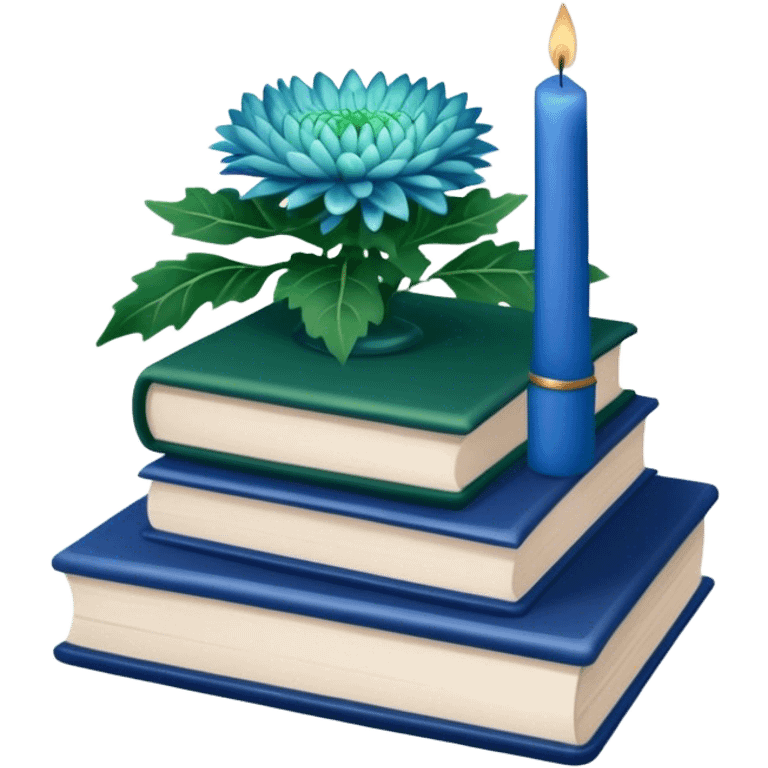 A green book stack adorned with blue chrysanthemums and a deep blue candle  emoji