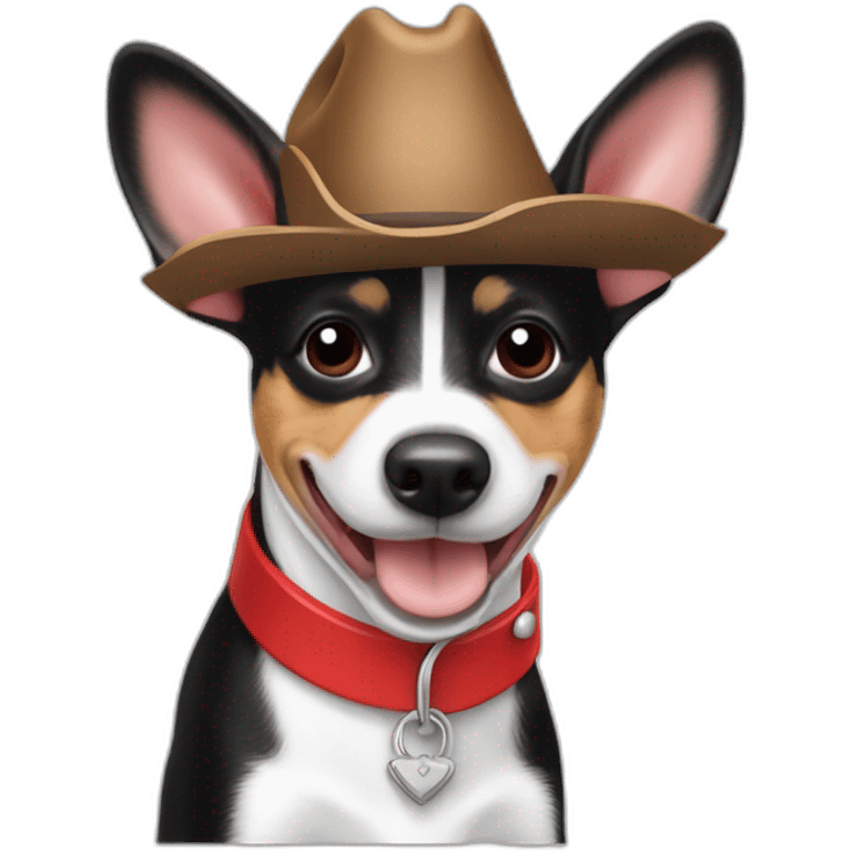 rat terrier wearing a cowboy hat and red collar smiling no brown (black and white) thumbs up emoji