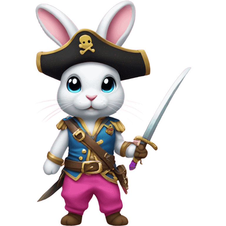 Rainbow fishtail bunny wearing pink pirate clothes and sword emoji