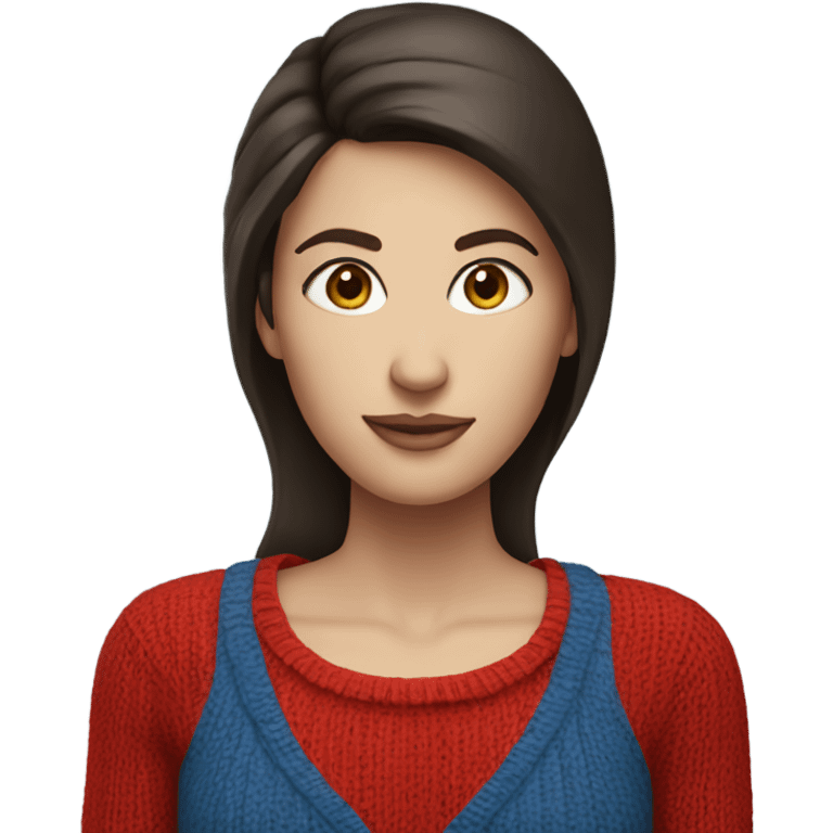 brunette woman red sweater, blue eyes emoji