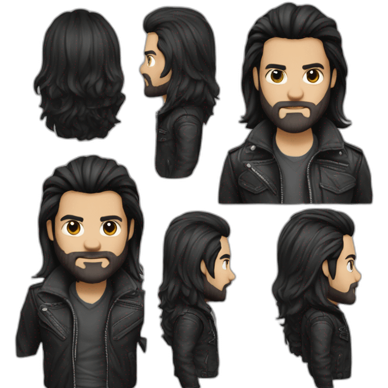 Handsome Boy rocker with Black and straight hair hair parted on the left lether jacket short beard emoji