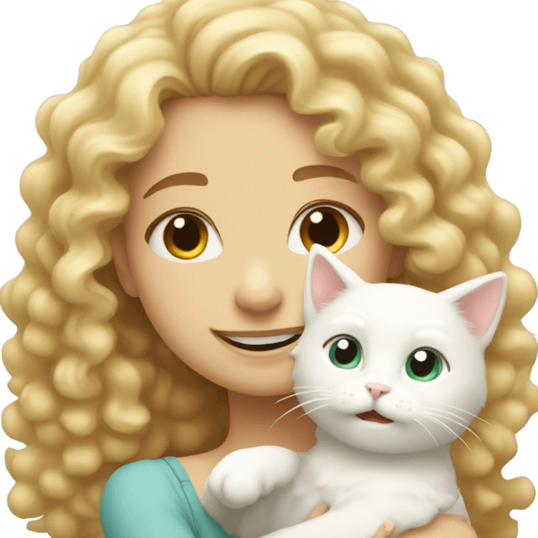 Smiling, curly haired, blonde girl, hugging white, god cat emoji