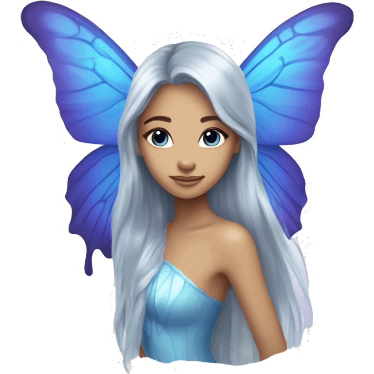 Beautiful, blue flower, fairy, blue, silver, purple, long hair, big butterfly wings emoji