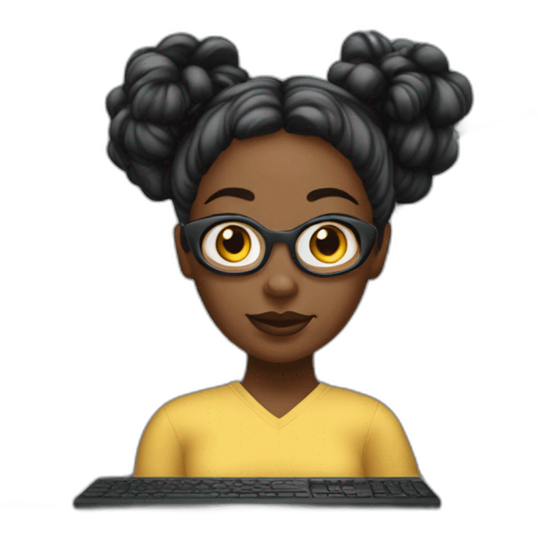 A black woman with space buns behind a computer screen, working in the field of technology emoji