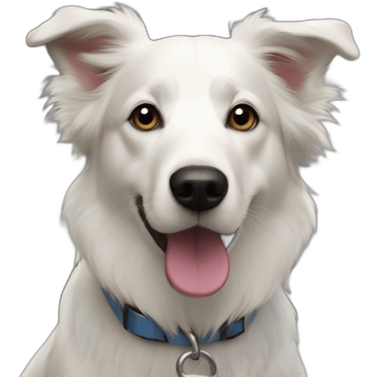 white and black dog with dark eyes happy  short hair mixed breed as border collie 2 years old with emoji