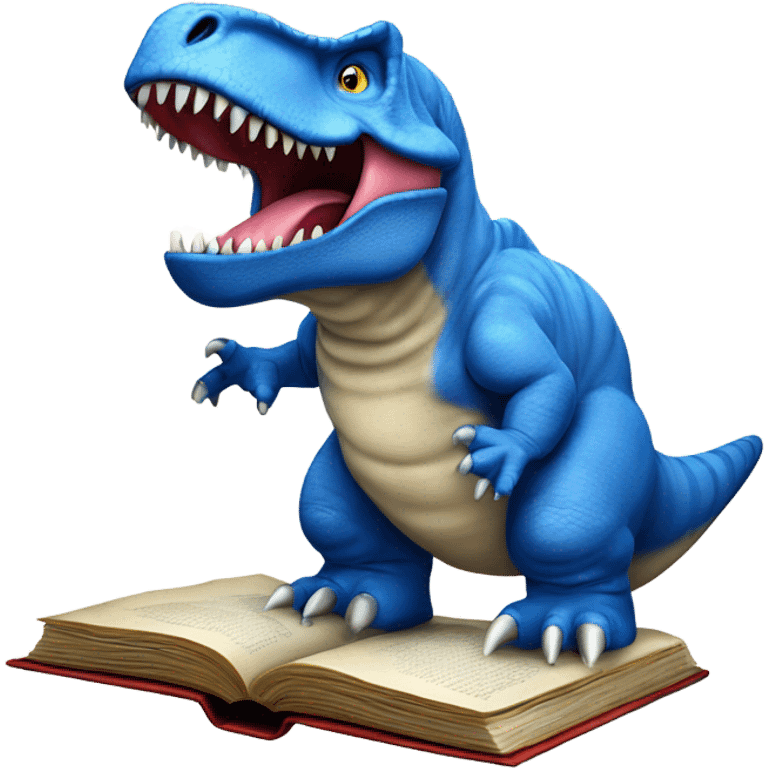 Blue Tyrannosaurus Rex standing on an open book emoji