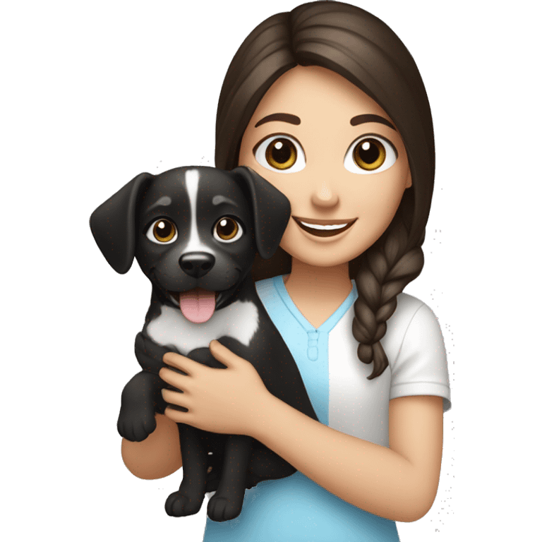 happy brunette girl with blue eyes holding a small black and white dog emoji