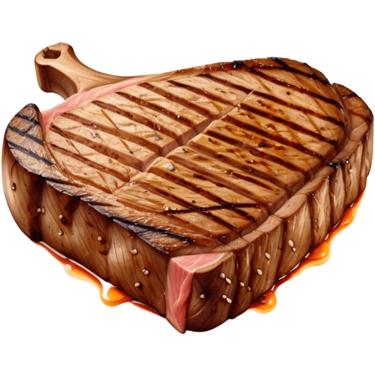 Cinematic thick-cut scotch t-bone steak, perfectly seared with grill marks, a grilled center, rich and savory, warm glow, sizzling and mouthwatering, highly detailed and appetizing. emoji