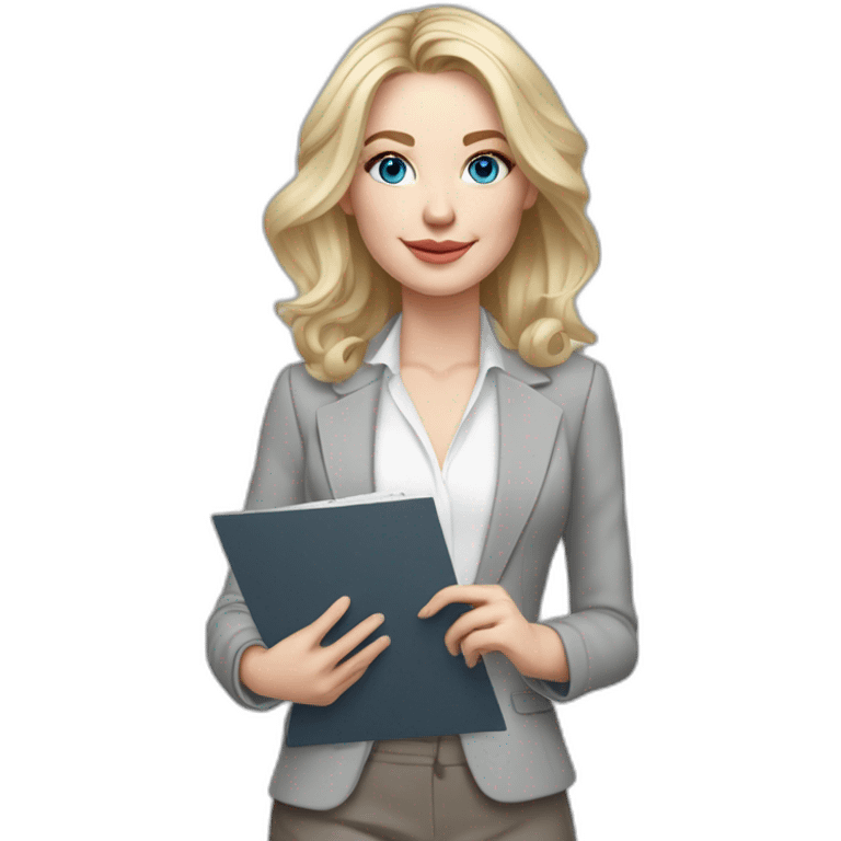 pale skin woman interior designer with cold blonde middle length hair, blue eyes, White blouse, Gray oversize jacket, Gray skirt holding a color palette in the hands emoji