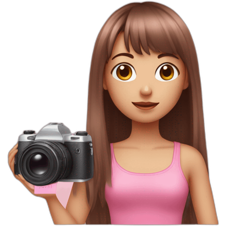 cute girl with dark brown eyes and long, straight rose hair with fringe and holding camera and wearing pink tank top emoji