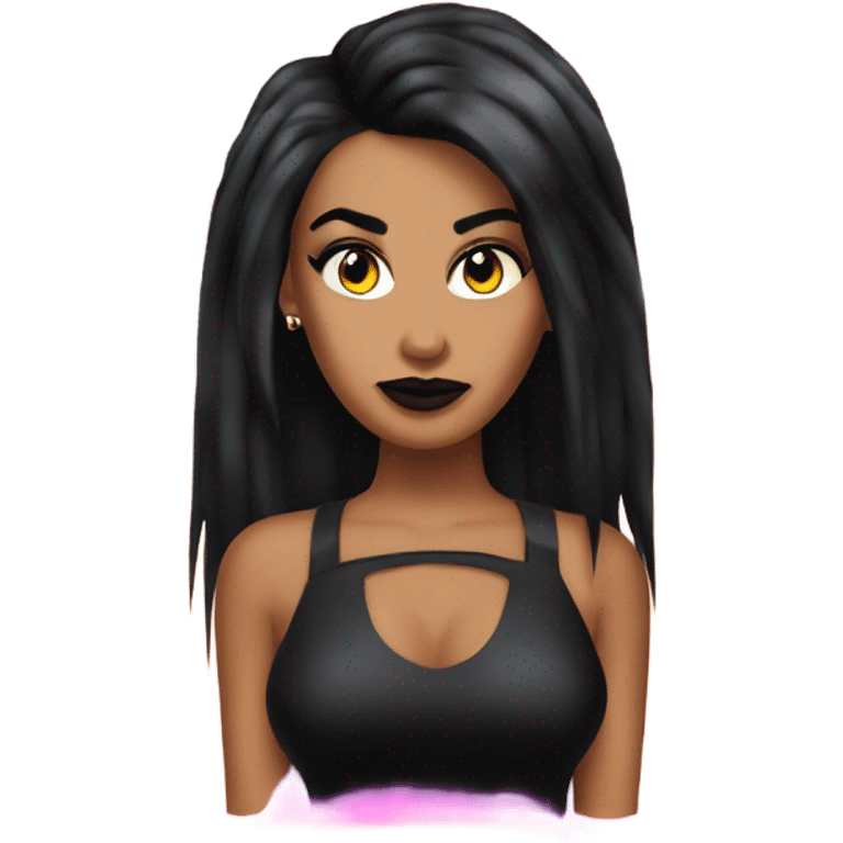 Tanned woman with black hair dressed in 1990s goth hair, makeup, and neon attire  emoji