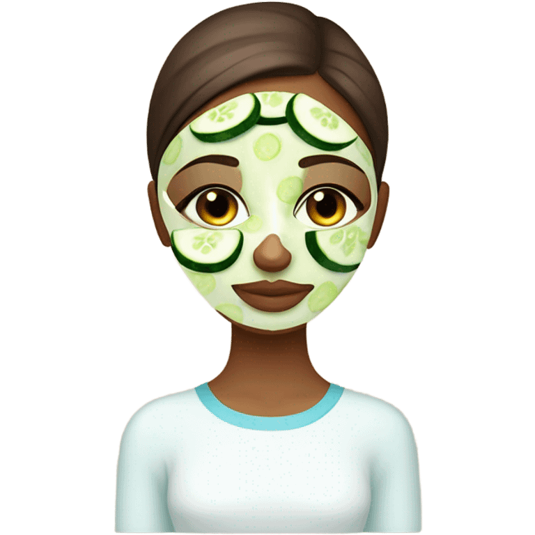 Girl with freackles Brown hair white skin and blue eyes wears Green skin care mask while She relaxes and two round piece cucumber on her closed eyes emoji