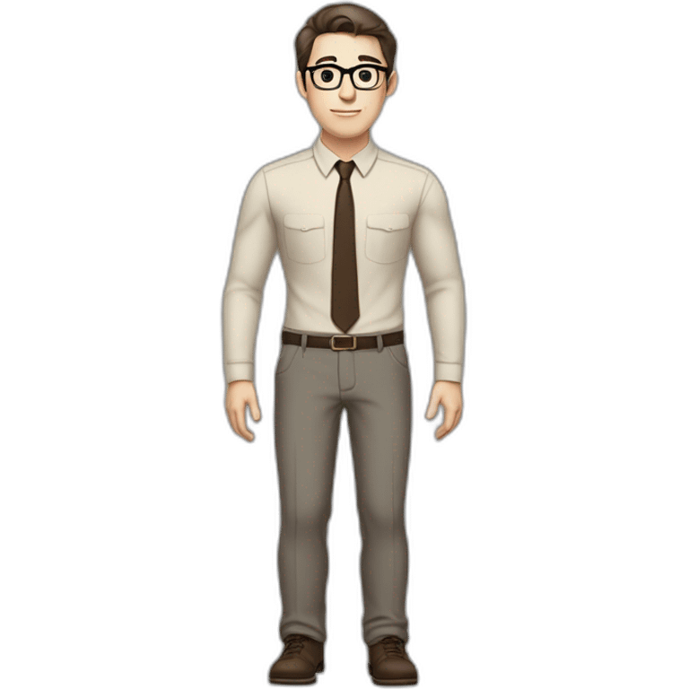 Full height Pale skinned fit man with dark brown hair in gray jacket, beige office shirt, brown tie, brown pants and vintage glasses. His right hand stretched out emoji