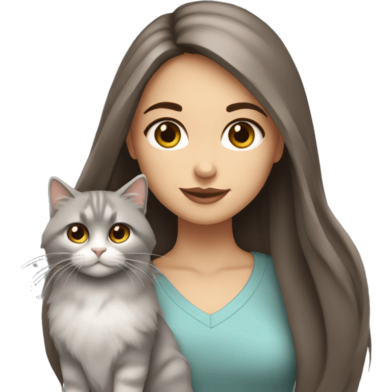 Brown straight hair girl with gray eyes holding fluffy Siberian gray cat  emoji