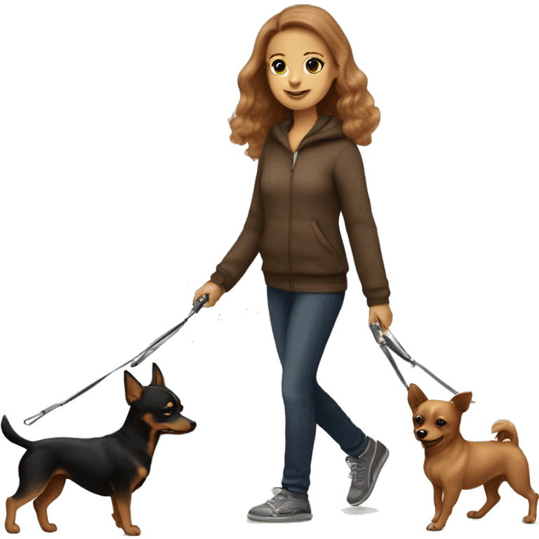 A light brown haired girl, walking one mini black and tan miniature Pinscher and one very big fluffy light brown Spitz on the lead emoji