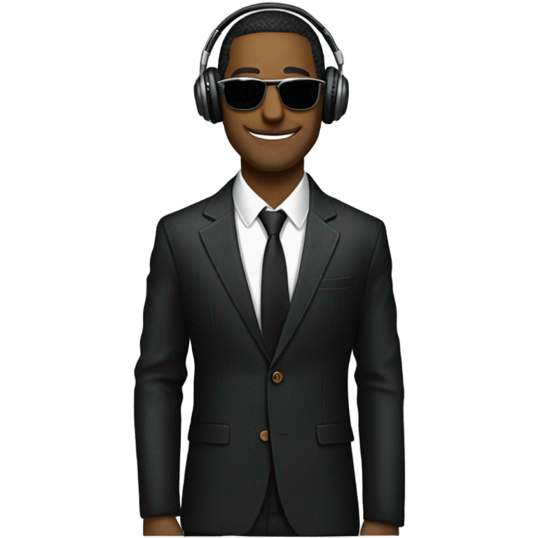 Man with sunglasses DJ black jacket skinny tie headphones scratching records emoji