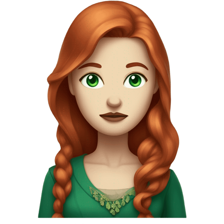 Rich woman, red long hair,  pale-skin, emerald blue-green-eyes,  scowling emoji