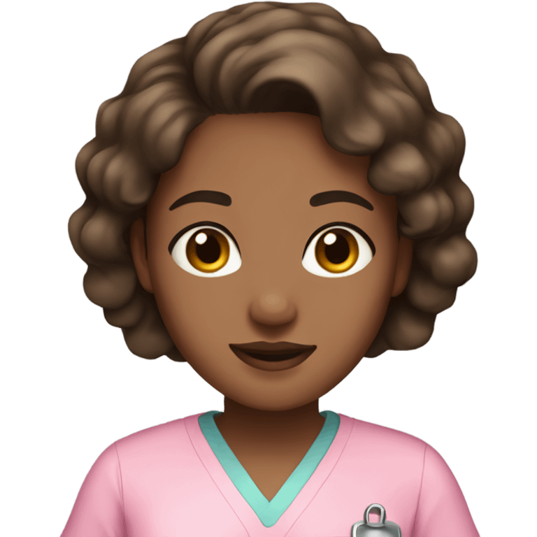 Girl with brown hair, brown eyes & brown skin in pink scrubs  emoji