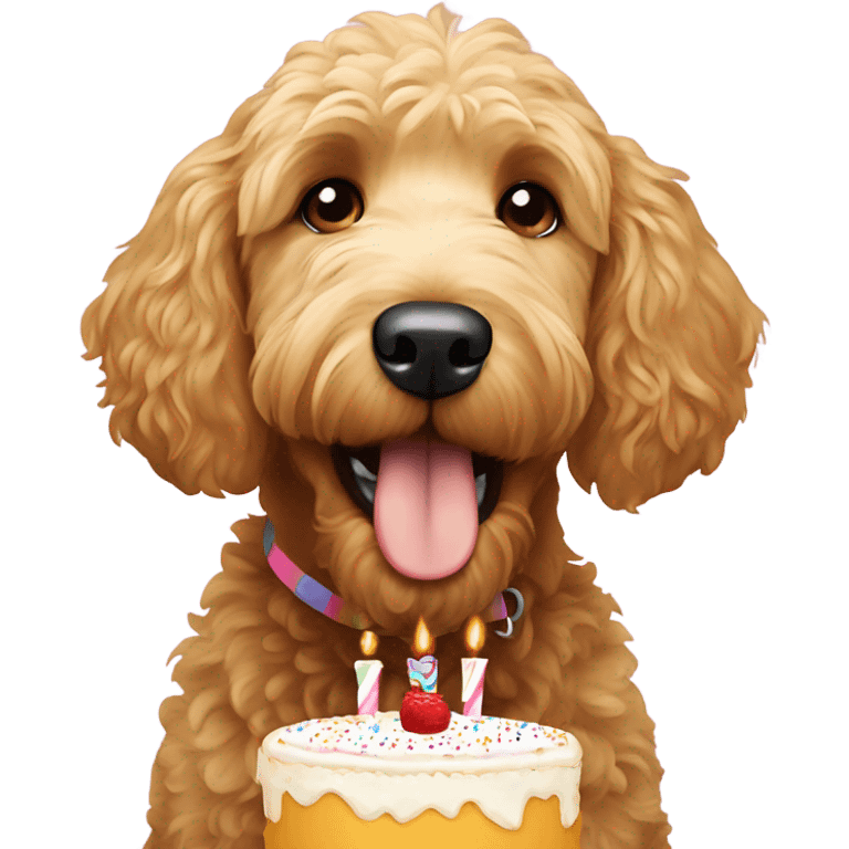 Goldendoodle eating birthday cake  emoji