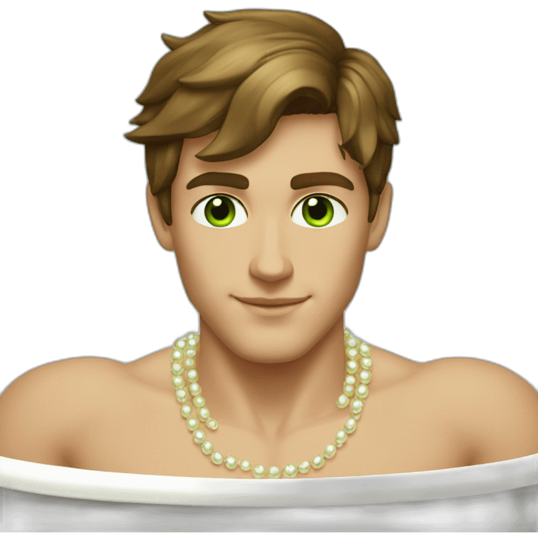 Posh-muscle-boy-brown-hair-green-eyes-pearl-necklace-in-golden-bathtub emoji