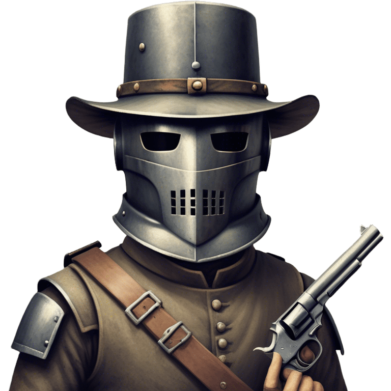 Cinematic Realistic Ned Kelly Portrait Emoji, depicted as the legendary Australian bushranger in his iconic homemade iron helmet and armor, gripping a revolver with a defiant stance. The scene is rendered with gritty textures and dramatic, shadowed lighting, evoking the lawless frontier and his rebellious, fearless legacy. emoji