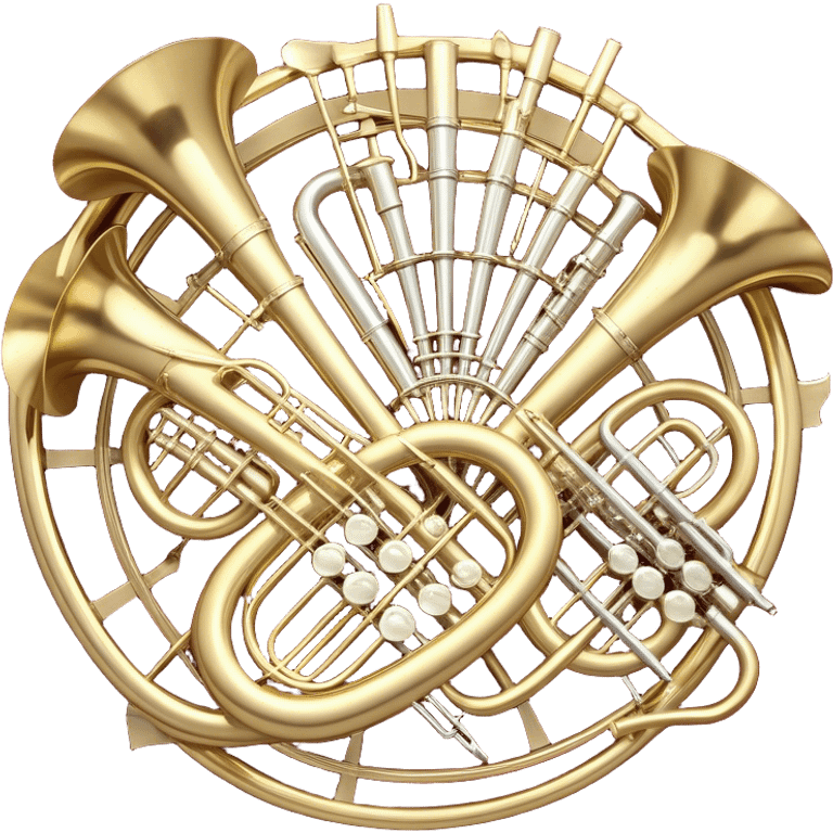 Create a festive and elegant emoji collage featuring a bouquet or fan of bells of wind instrument  (trumpets, saxophones, trombones, tubes, etc.) arranged in a radiant, symmetrical pattern. The instruments should have polished, golden and silver finishes, with their large, shiny bells forming a beautiful, fan-like display. Include a flowing ribbon of musical notes swirling through the center, conveying movement and melody. The background should feature a deep red velvet texture, adding a touch of luxury and sophistication. The overall composition should be balanced, with an elegant and regal feel, with a transparent background to keep focus on the instruments and musical elements. emoji