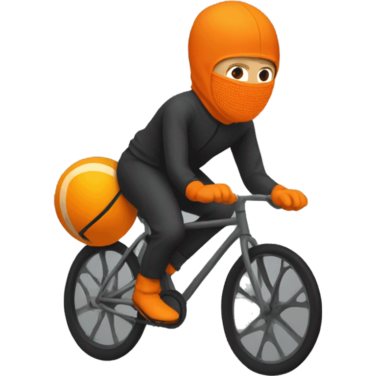 A man with orange balaclava and jumpsuit bicycling emoji