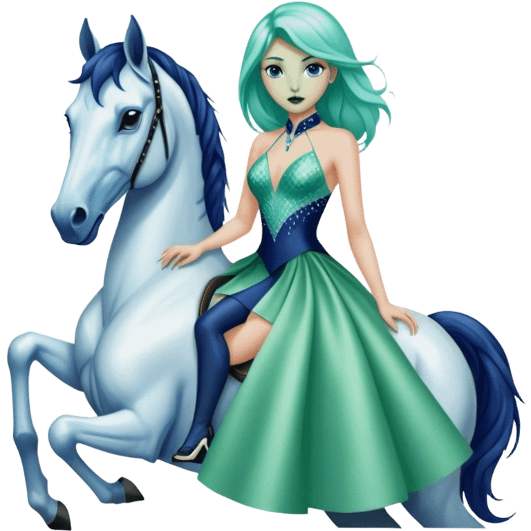 alien reptilian green skin woman, in short slim pastel blue formal party satin dress with gradient shiny sparkling navy blue diamonds embroidered , ride a White horse emoji