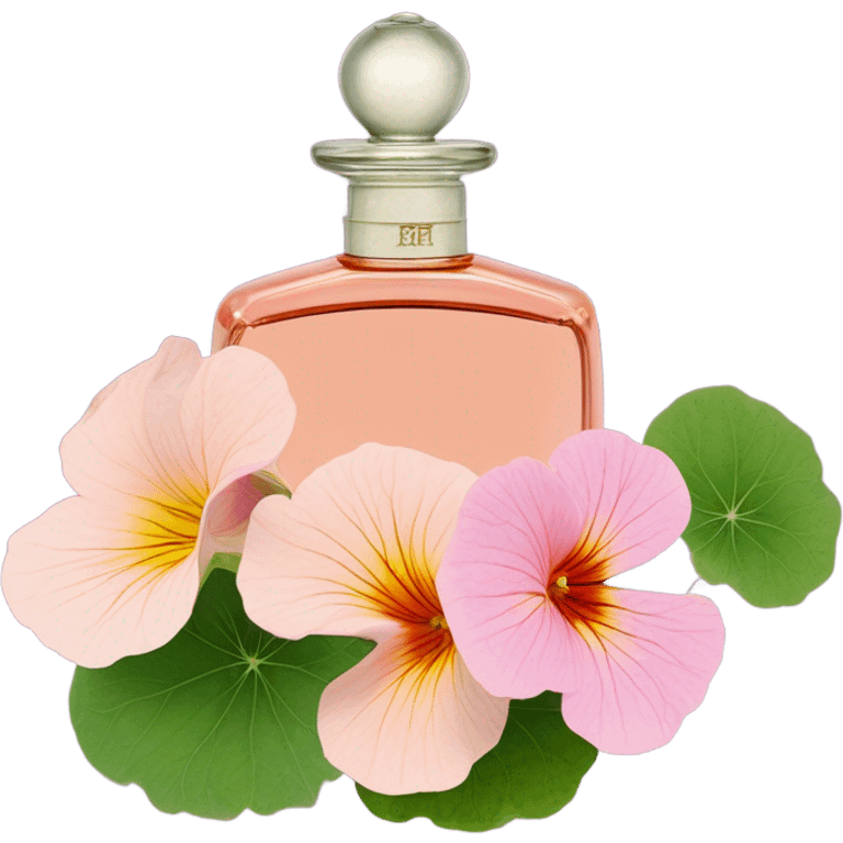 Aesthetic display of blush pink nasturtiums, an elegant violet perfume bottle, and a vintage love letter written in flowing script. emoji