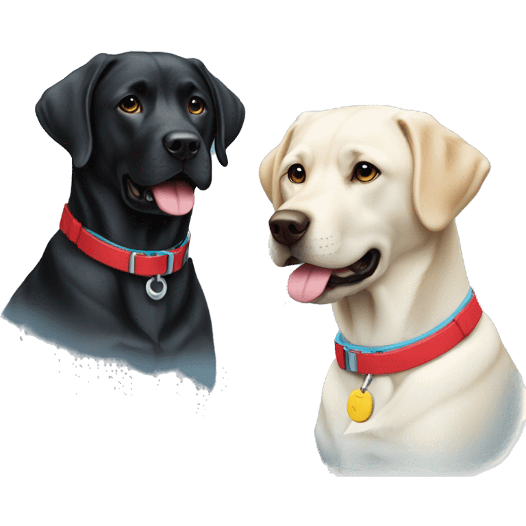 black-coloured labrador on the left with red collar, black-coloured labrador on the right with light blue collar. emoji