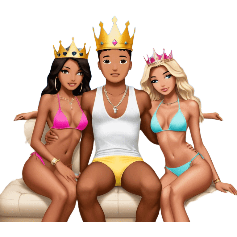 Josh King Madrid Wearing a crown, surrounded by 3 gorgeous Instagram bikini Victoria secrets models who are hugging him flirting , Jetset wearing tons of diamond chains , sitting in private jet , windows open in background with clouds  emoji