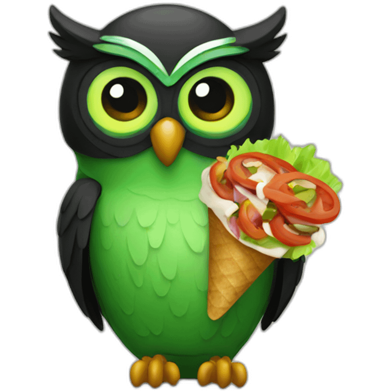 Black and green owl eating a kebab emoji