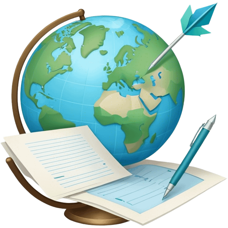 Create an emoji representing language translation. The design should feature a globe in the background, symbolizing international communication. In front of the globe, place two books or sheets of paper with texs on them and a pen nearby to indicate the act of writing. Add two simboloic arrows pointing in opposite directions between the sheets to represent the translation process. Use a clean and professional color palette with blues, greens, and neutral tones. Make the background transparent. emoji