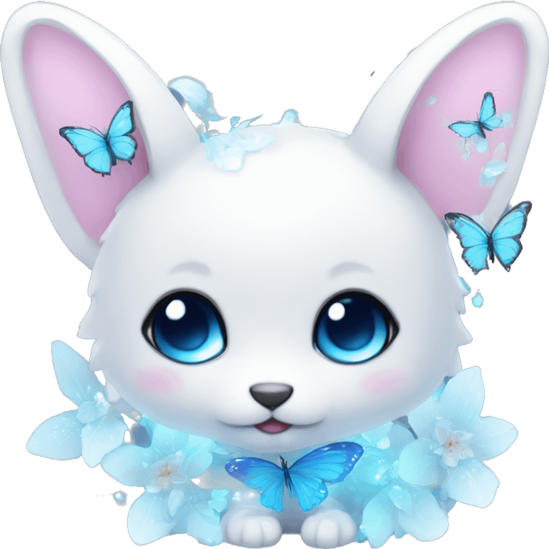 Edgy Cute Cool Kawaii gorgeous sparkly ethereal white fantasy animal with blue eyes sona with flowers and butterflies emoji