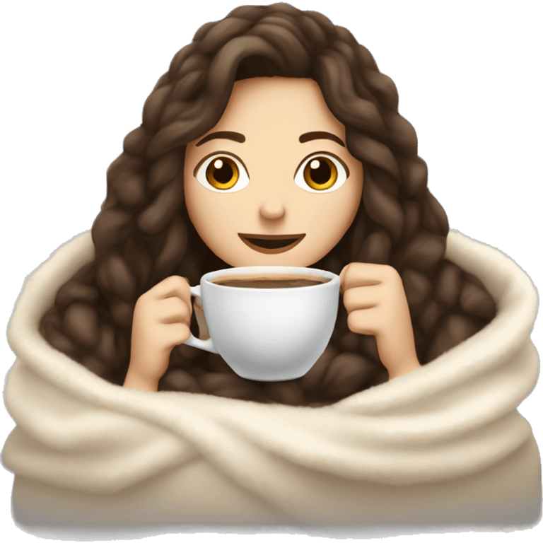 Brunette white girl inside a fluffy blanket sipping coffee emoji