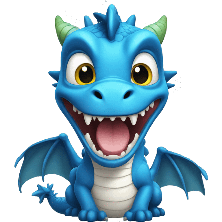 A blue dragon in a white T-shirt with huge eyes, opening his mouth in surprise emoji