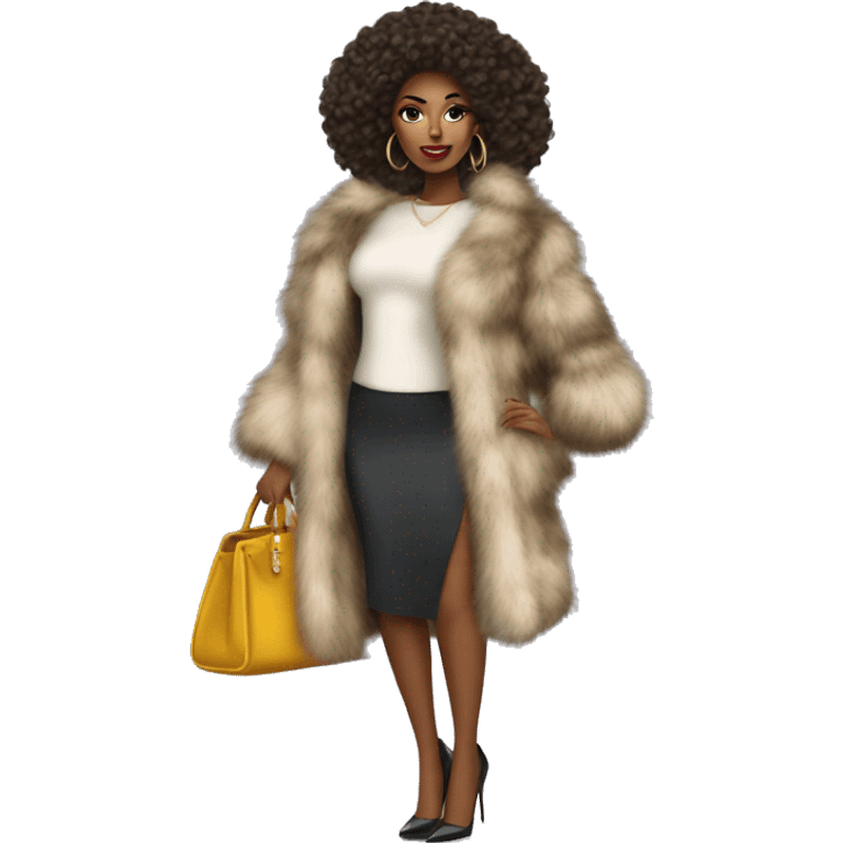 Beautiful woman wearing fur and high stilettos with top handle bag emoji