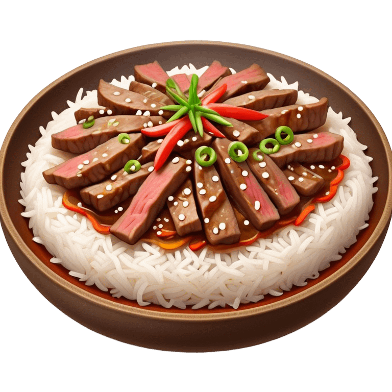 Bulgogi Cinematic Realistic Bulgogi Dish Emoji, depicted as thinly sliced, marinated beef stir-fried to perfection, rendered with dynamic textures and vibrant, appetizing lighting. emoji