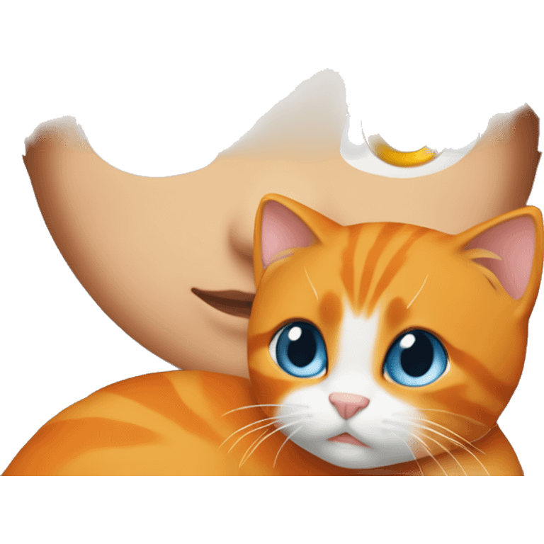 brunette girl with long hair and blue eyes holding orange cat emoji