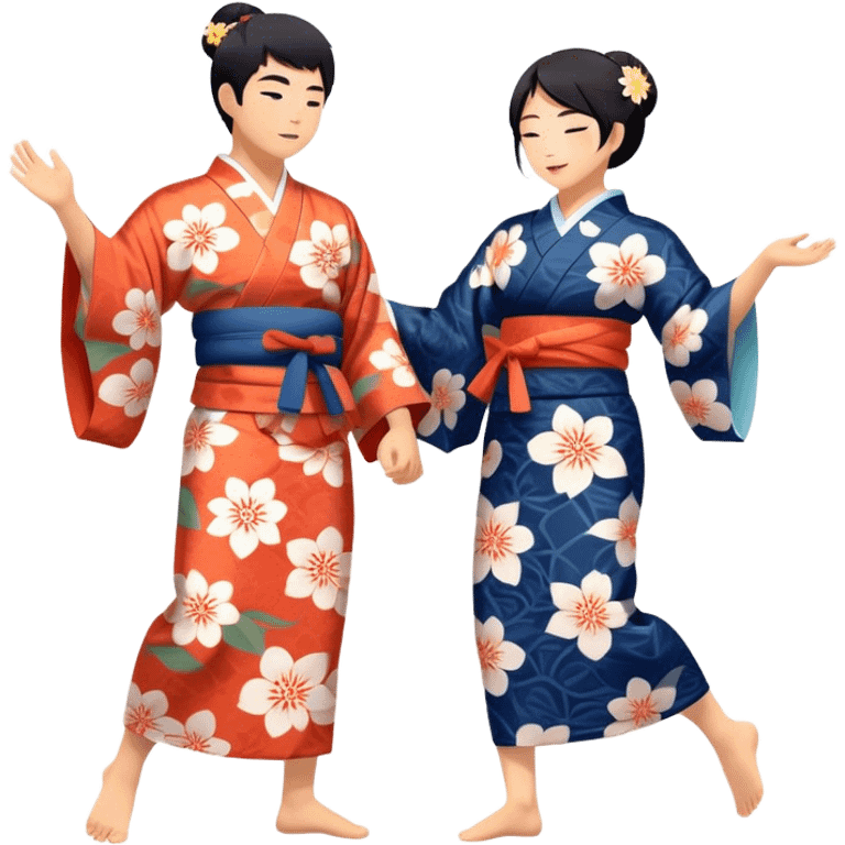 Cinematic Realistic scene of two performers engaging in Bon Odori, dressed in traditional yukata with intricate summer patterns, captured in graceful, rhythmic motion with warm, festive lighting emoji