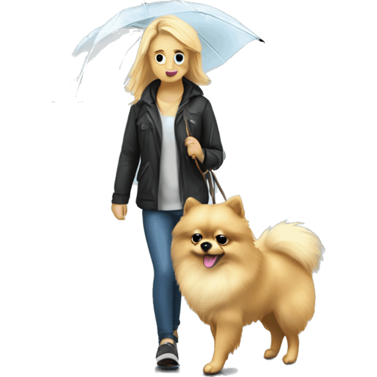 Blonde girl walking pomeranian under the rain emoji