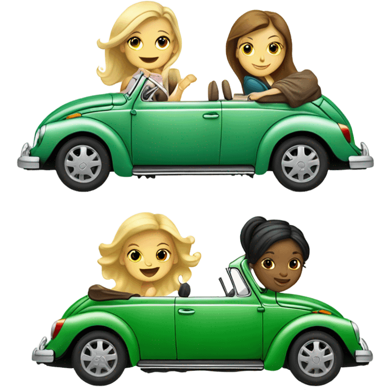 Two Caucasian blonde girls and two Caucasian brunette girls in a green VW beetle convertible emoji