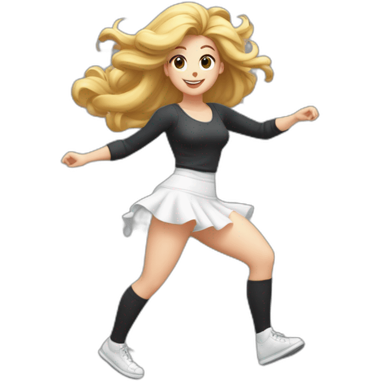 alistic-full-body-caucasian-curvy-beauty-jumping-short black-skirt-back-and-front-views-strong-wind-knickers-long-white-socks emoji