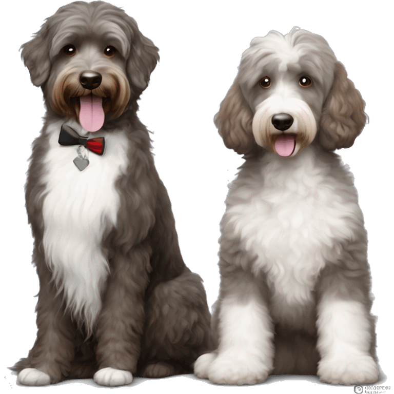 Brown and white tuxedo poodle beside a all grey aussiedoodle emoji